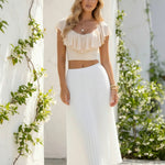Beige Ruffle Short Sleeve Crop Top