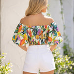 Tropical Print Off Shoulder Puff Sleeve Crop Blouse