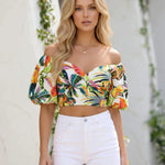 Tropical Print Off Shoulder Puff Sleeve Crop Blouse
