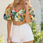 Tropical Print Off Shoulder Puff Sleeve Crop Blouse