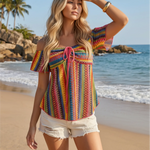Colorful Geometric Striped Off Shoulder Peplum T-shirt