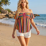 Colorful Geometric Striped Off Shoulder Peplum T-shirt