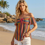 Colorful Geometric Striped Off Shoulder Peplum T-shirt