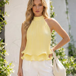 Yellow Pleated Halter Neck Ruffle Hem Blouse