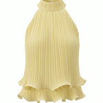 Yellow Pleated Halter Neck Ruffle Hem Blouse