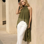Olive Green Halter Neck High Low Chiffon Blouse