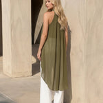 Olive Green Halter Neck High Low Chiffon Blouse
