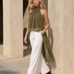 Olive Green Halter Neck High Low Chiffon Blouse