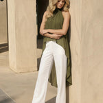 Olive Green Halter Neck High Low Chiffon Blouse