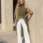 Olive Green Halter Neck High Low Chiffon Blouse