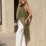 Olive Green Halter Neck High Low Chiffon Blouse