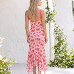 Pink Floral Print Lace Trim Cami Midi Dress