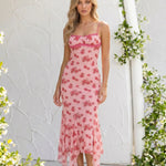 Pink Floral Print Lace Trim Cami Midi Dress