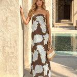 Brown Floral Print Strapless Maxi Dress