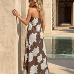 Brown Floral Print Strapless Maxi Dress