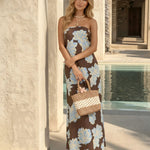 Brown Floral Print Strapless Maxi Dress