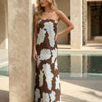 Brown Floral Print Strapless Maxi Dress
