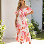 Pink Floral Print Off Shoulder Ruffle Midi Dress