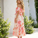 Pink Floral Print Off Shoulder Ruffle Midi Dress