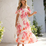 Pink Floral Print Off Shoulder Ruffle Midi Dress