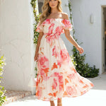 Pink Floral Print Off Shoulder Ruffle Midi Dress
