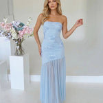 Light Blue Floral Embroidered Strapless Mermaid Maxi Dress