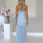 Light Blue Floral Embroidered Strapless Mermaid Maxi Dress