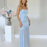 Light Blue Floral Embroidered Strapless Mermaid Maxi Dress