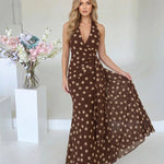 Brown Polka Dot Halter Neck Wrap Maxi Dress