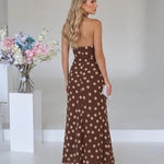 Brown Polka Dot Halter Neck Wrap Maxi Dress