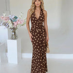 Brown Polka Dot Halter Neck Wrap Maxi Dress