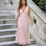 Light Pink Rose Applique Tie-Shoulder Midi Dress