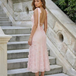 Light Pink Rose Applique Tie-Shoulder Midi Dress