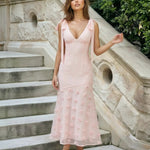 Light Pink Rose Applique Tie-Shoulder Midi Dress