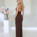 Brown Halter Neck Keyhole Ruched Mermaid Maxi Dress