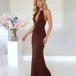 Brown Halter Neck Keyhole Ruched Mermaid Maxi Dress