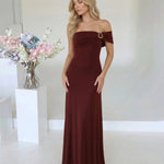 Burgundy Off Shoulder Ruched Maxi Dress
