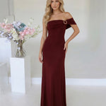 Burgundy Off Shoulder Ruched Maxi Dress