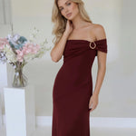 Burgundy Off Shoulder Ruched Maxi Dress