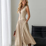 Beige Button Front Sleeveless Midi Dress