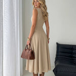 Beige Button Front Sleeveless Midi Dress