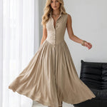 Beige Button Front Sleeveless Midi Dress