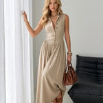 Beige Button Front Sleeveless Midi Dress