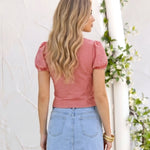 Red Gingham Puff Sleeve Tie Front Blouse