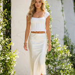 White Pearl Button Ruched Puff Sleeve Corset Crop Top