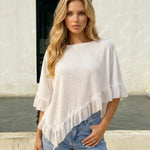 White Waffle Knit Asymmetrical Ruffle Blouse