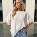 White Waffle Knit Asymmetrical Ruffle Blouse