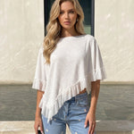 White Waffle Knit Asymmetrical Ruffle Blouse