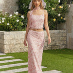 Pink Floral Embroidered Mesh Cami Top and Midi Skirt Two Piece Set