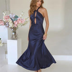 Navy Blue Satin Halter Neck Keyhole Midi Dress